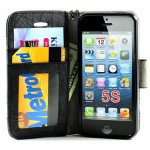 Wholesale Apple iPhone 5 5S Cloth Flip Leather Wallet TPU Case with Strap and Stand (Gold)